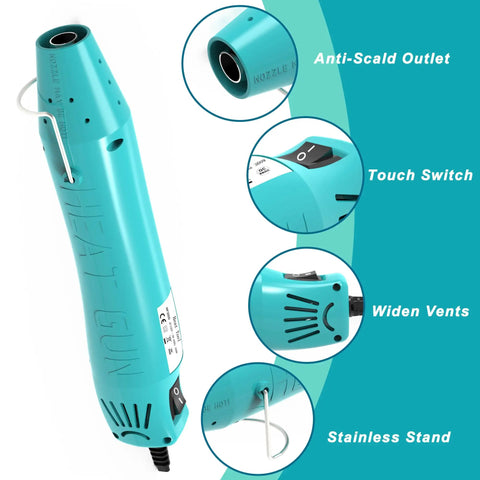 Mini 300W Heat Gun For Shrink Tubing And DIY Crafts With Reflector Nozzle showcasing details like touch switch and widen vents.