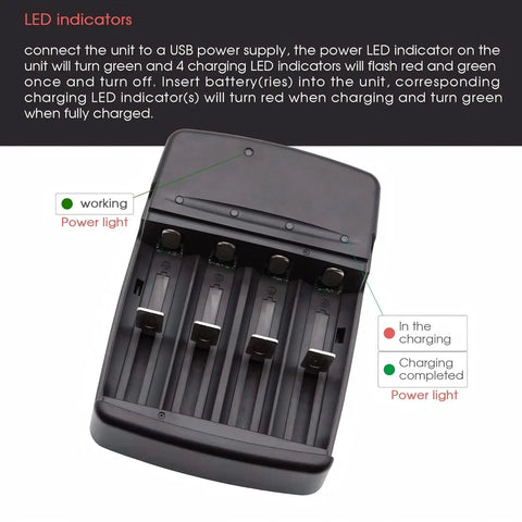 USB Universal Smart Battery Charger for 3.2V LiFePO4 with red and green charge indicators, auto overload protection.