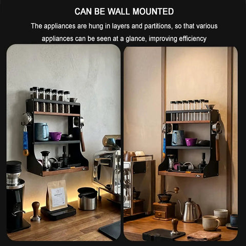 Heavy Duty Wall Mount Coffee Bean Storage Tower Three Tier Wooden Espresso Tool Rack with portafilters and jars on display.