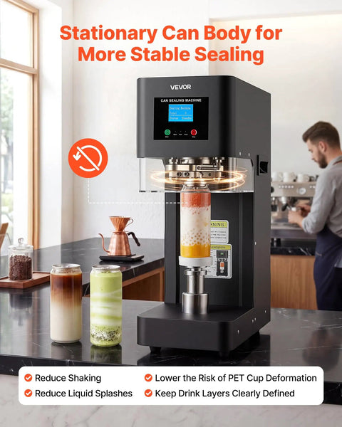 Commercial Auto Can Sealer Machine With One Touch Operation Works Like A Charm To Secure Aluminum Cans Airtight Lock In Crisp Taste And Keep Drinks Ice Cold Solid Heavy Duty Workhorse Unit on a countertop sealing drinks.