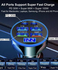 Heavy Duty Plug And Go Usb Car Charger With Live Voltage Tracker And Pd 30W Quick Charge Multiport Adapter showing power ports and voltage display.