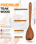 Pro Grade Teak Wood Cooking Spoons Set With Heavy Grip showing ergonomic design and features on a kitchen countertop.