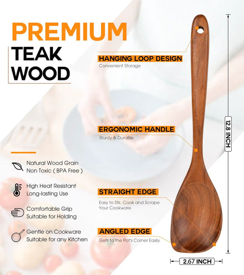 Pro Grade Teak Wood Cooking Spoons Set With Heavy Grip showing ergonomic design and features on a kitchen countertop.