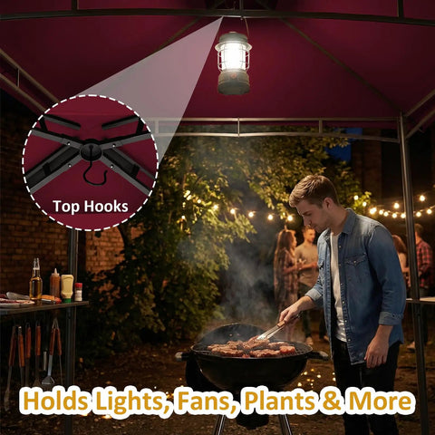 Man grilling under 8x8 Ft Grill Gazebo With Extra Large Adjustable Awning 2 Side Shelves 6 Hooks Powder Coated Steel BBQ Shelter
