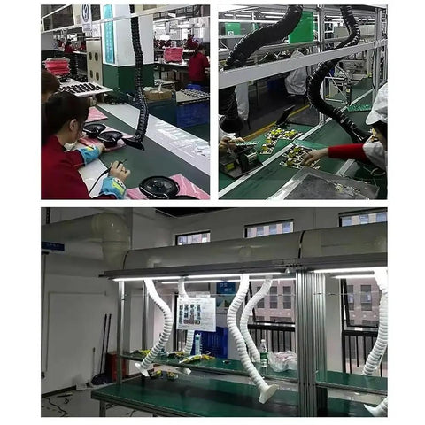 Heavy Duty Shop Ready Multi Directional Welding Fume Extraction Arm in active workspace with flexible POM exhaust pipe and hood.