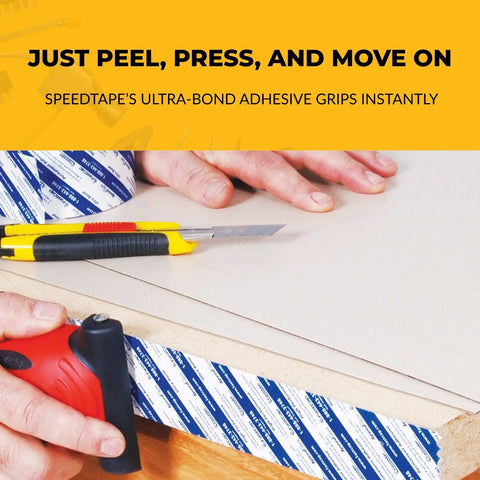 Peel And Stick SpeedTape Double Sided Adhesive Tape For Edge Banding being applied on wood surface, tools visible, 6 Roll Pack