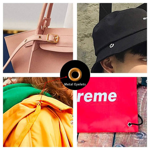 Grommet Kit 3 Sixteenth Inch 400Pcs Eyelet Set used in bags, hats, clothing and crafts, highlighting metal eyelets in various materials.