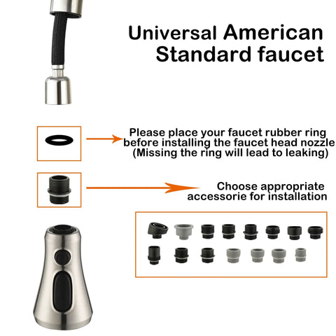 Universal Kitchen Faucet Head Replacement In Brushed Nickel With 17 Adapters for easy installation and leak-proof design.