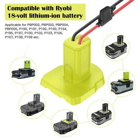 2 Pack Power Wheels Adapter Kit for Ryobi 18V Battery With 30A Fuses, diagram showing battery compatibility