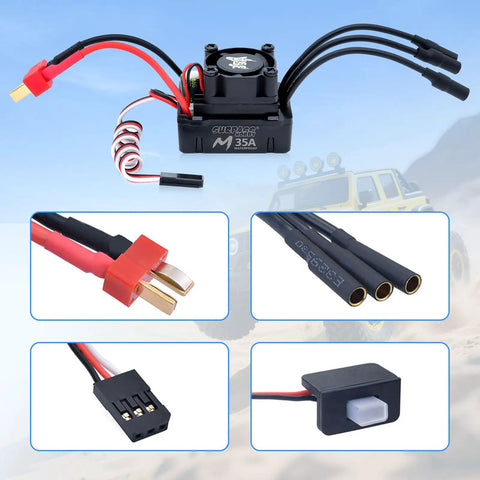 Waterproof RC Brushless Motor And ESC Combo 2430 7200KV With 35A ESC showing wiring and connectors for 1/16 1/18 RC cars.