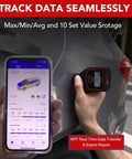 Paint Thickness Gauge With Dual Screen For Iron Aluminum Zinc And Car Body Filler Auto Detect Material Type Coating Thickness Meter 0 To 3000 Micrometers Range Auto Generate Measuring Reports Supports Micrometers Millimeters And Mils used on car with smartphone app display.