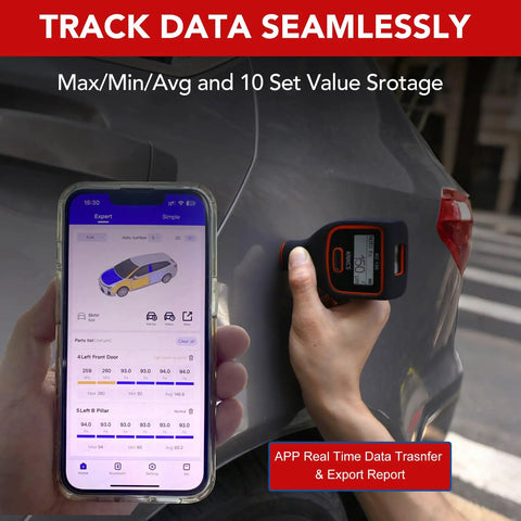 Paint Thickness Gauge With Dual Screen For Iron Aluminum Zinc And Car Body Filler Auto Detect Material Type Coating Thickness Meter 0 To 3000 Micrometers Range Auto Generate Measuring Reports Supports Micrometers Millimeters And Mils used on car with smartphone app display.