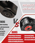 Comparison of rubber bushing vs polyurethane bushing in 12Pc Front End Suspension Kit With Upper And Lower Control Arms And Polyurethane Bushings For 1999 2006 Chevy Silverado 1500 And GMC Sierra 1500 RWD Upgrade To A Firmer, Smoother Ride