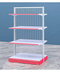 Heavy Duty Double Sided Four Tier Retail Display Rack Space Saving Commercial Shelving Unit For Grocery Stores showing four adjustable steel shelves.
