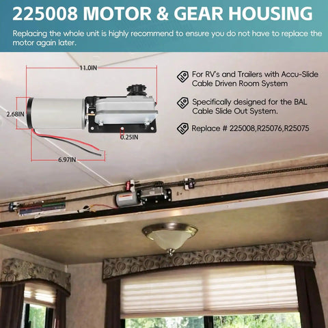 RV Slide Out Motor And Gear Housing Kit For Accu Slide Cable System Replacement Gearbox R25076 R25075 installed view