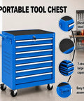 Gangster Tough Rolling Tool Chest With Seven Drawers Lockable Metal Tool Cart For Garage Setup features durable steel and blue paint.
