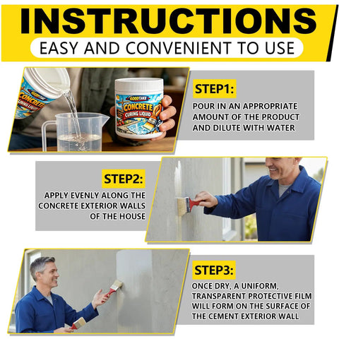Instructions for Water Based Concrete Cure And Sealant Liquid For New Slabs Driveways And Patios Heavy Duty Moisture Lock application steps.