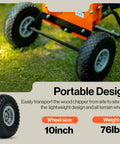 7 HP Mini Wood Chipper Shredder Mulcher on grass with 10-inch wheels, highlighting lightweight portable design for yard cleanup.