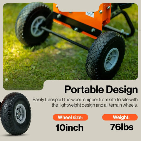 7 HP Mini Wood Chipper Shredder Mulcher on grass with 10-inch wheels, highlighting lightweight portable design for yard cleanup.