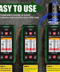 Straight Up Heavy Duty Wall Scanner And Dead On Stud Finder With Built In 120 Meter Laser Tape Measure For Spotting Wood Metal Ac Wiring Plus Rebar Zero Hassle Setup Fast Rechargeable Battery And Sharp Color Display showing step-by-step instructions on use.