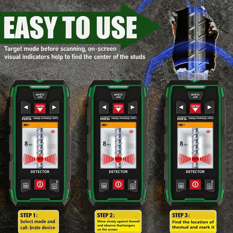 Straight Up Heavy Duty Wall Scanner And Dead On Stud Finder With Built In 120 Meter Laser Tape Measure For Spotting Wood Metal Ac Wiring Plus Rebar Zero Hassle Setup Fast Rechargeable Battery And Sharp Color Display showing step-by-step instructions on use.