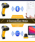 Rugged Industrial Bluetooth Barcode Scanner With QR And 2D And 1D Capability, shown with dual connection options and charging stand