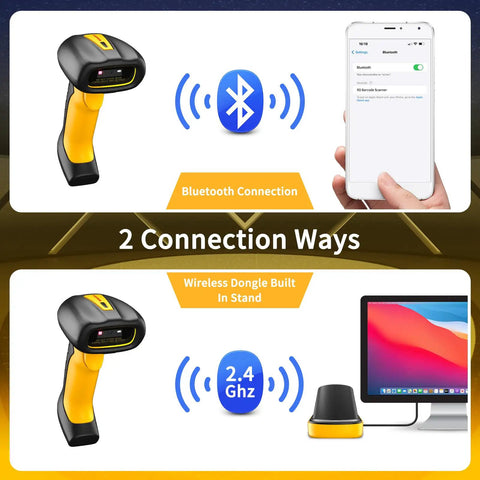Rugged Industrial Bluetooth Barcode Scanner With QR And 2D And 1D Capability, shown with dual connection options and charging stand