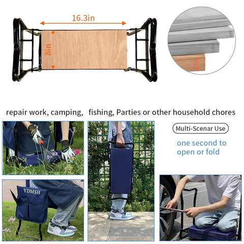 Heavy Duty Garden Kneeler And Seat Extra Wide Bench showcasing foldable design, wooden middle panel, and versatility for outdoor use