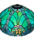 16-Inch Wide Victorian Style Stained Glass Lampshade For Table And Floor Lamps with rich jewel tones in sea green, vintage inspired.