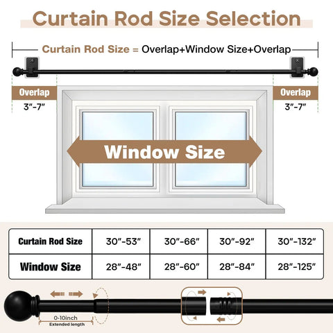 Size chart for No Drill Curtain Rod With Adhesive And Pin Nail Mount For Renters Renter Friendly Minimal Wall Damage Black