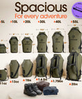 Roll Top Waterproof Dry Bag For Kayak Gear And Boat Essentials That Keeps Your Phone Safe In A Waterproof Case Heavy Duty Yet Lightweight Dry Sack For Adventure Camping Hiking And Water Sports displayed in sizes 5L to 55L with forest green color.