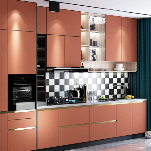 Modern kitchen with matte brown peel and stick contact paper removable wallpaper self adhesive vinyl waterproof for cabinets.