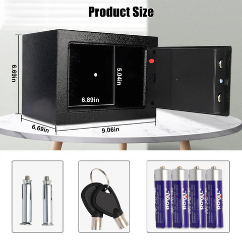 Image showing Mini Electronic Safe Box With Digital Keypad 0.23 Cu Ft Compact Home Safe, black, open with dimensions, keys, batteries.