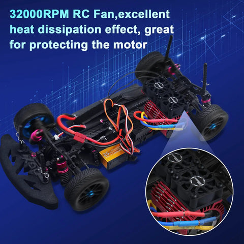 Twin 25mm RC Motor Cooling Fans With Metal Heatsink For 28mm Brushless Motors Fits One Tenth Scale RC Cars And One Twelfth Scale RC Trucks Built For Crazy 32000 RPM Cooling To Prevent Overheating on an RC car