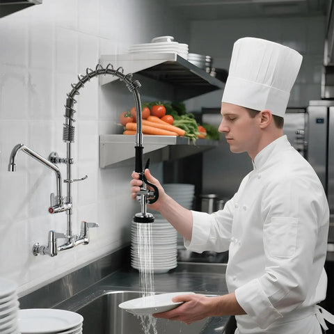 Heavy Duty Commercial Sink Faucet Wall Mount With Pre Rinse Sprayer in use by chef rinsing plates in a busy kitchen.