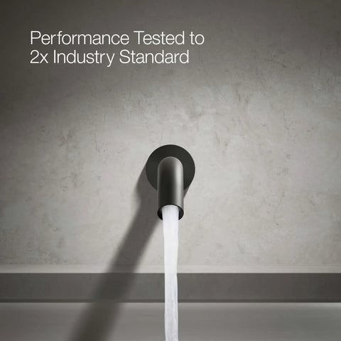 Components Wall Mount Bath Spout Non Diverter Matte Black Finish With NPT Connection flowing with water against wall