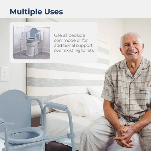 Foldable Steel Bedside Commode Chair 3 In 1 Raised Toilet Seat And Bathroom Safety Frame Featuring Pretty Dang Sturdy 350 Lb Capacity Portable Gray Commode For No Sweat Recovery