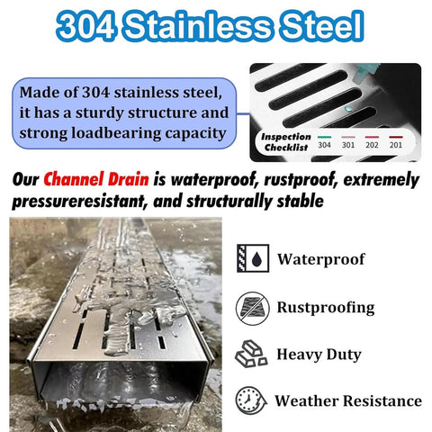Durable 304 Stainless Steel Trench Drain Kit For Outdoor Driveways, Gardens, And Sidewalks showing narrow channel drain.