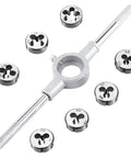 Eight Piece Metric Die Set With Screw Die And Knurled Die Stock Holder For M3 To M12 Threading Rethreading External Thread Cutting And Tapping