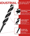 Auger Drill Bit Set For Wood Eight Piece Hex Shank With Wooden Storage Case Nine Inch Length Three Eighths To One And One Quarter Inches Heavy Duty Bits For Softwood And Hardwood Featuring Patented Three Cutter Head And Quad Point Tip For Clean Fast Holes shown with industrial quality design features
