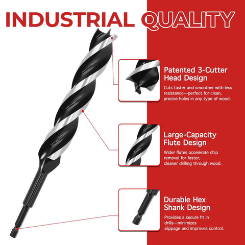 Auger Drill Bit Set For Wood Eight Piece Hex Shank With Wooden Storage Case Nine Inch Length Three Eighths To One And One Quarter Inches Heavy Duty Bits For Softwood And Hardwood Featuring Patented Three Cutter Head And Quad Point Tip For Clean Fast Holes shown with industrial quality design features