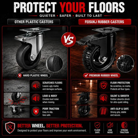 Comparison image of Heavy Duty 5 Inch Swivel Caster Wheels 4 Pack vs plastic casters, highlighting floor protection and noise reduction.