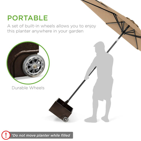 Person moving portable steel umbrella base with fillable planter, 150lb capacity, durable wheels, and handle.