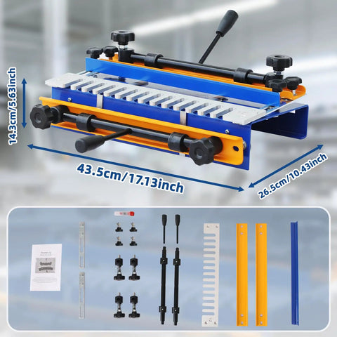 Precision 12 Inch Adjustable Dovetail Jig Clamp And Heavy Duty Woodworking Router Template For Slick Half Blind Cabinet Joints And Sturdy Furniture Builds That Align Dead On Every Time, close-up view with detailing on clamps and size metrics.