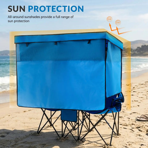 Double Beach Chair With Canopy Shade Built In Cooler Bag And Cup Holders Oversized Folding Loveseat For Outdoor Use shown on beach