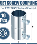 Ten Pack Three Quarter Inch EMT Conduit Screw Couplings Galvanized Steel Set Screw Connectors for Electrical Fittings, 10 pcs package