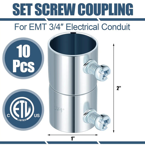 Ten Pack Three Quarter Inch EMT Conduit Screw Couplings Galvanized Steel Set Screw Connectors for Electrical Fittings, 10 pcs package