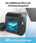 Solar Powered Outdoor Security Camera Wireless 2K HDR Video Spotlight And Siren AI Detection 166 Degree Ultra Wide Angle No Monthly Fee 365 Day Power with built-in EMMC storage and solar panel displayed.