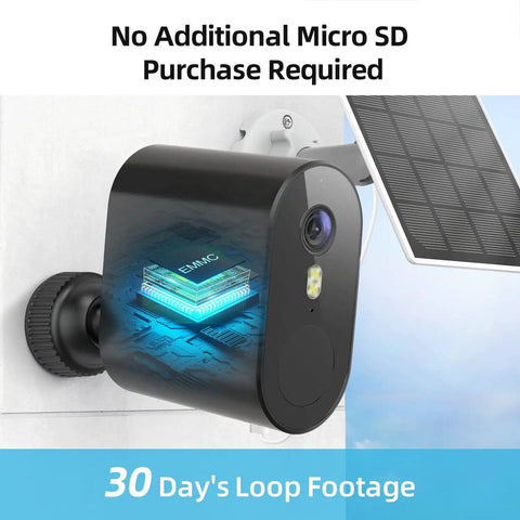 Solar Powered Outdoor Security Camera Wireless 2K HDR Video Spotlight And Siren AI Detection 166 Degree Ultra Wide Angle No Monthly Fee 365 Day Power with built-in EMMC storage and solar panel displayed.