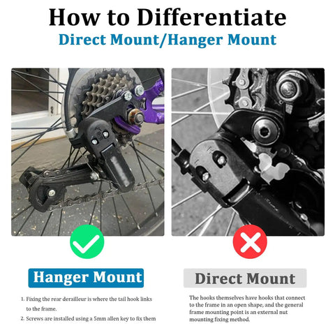 Comparison of hanger mount and direct mount for 6/7 Speed Rear Derailleur With Hanger Mount For Mountain Bikes Tricycles